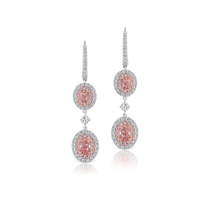 J Fine Platinum and 18k Pink Gold Fancy Pink Diamond Oval Halo Drop Earrings