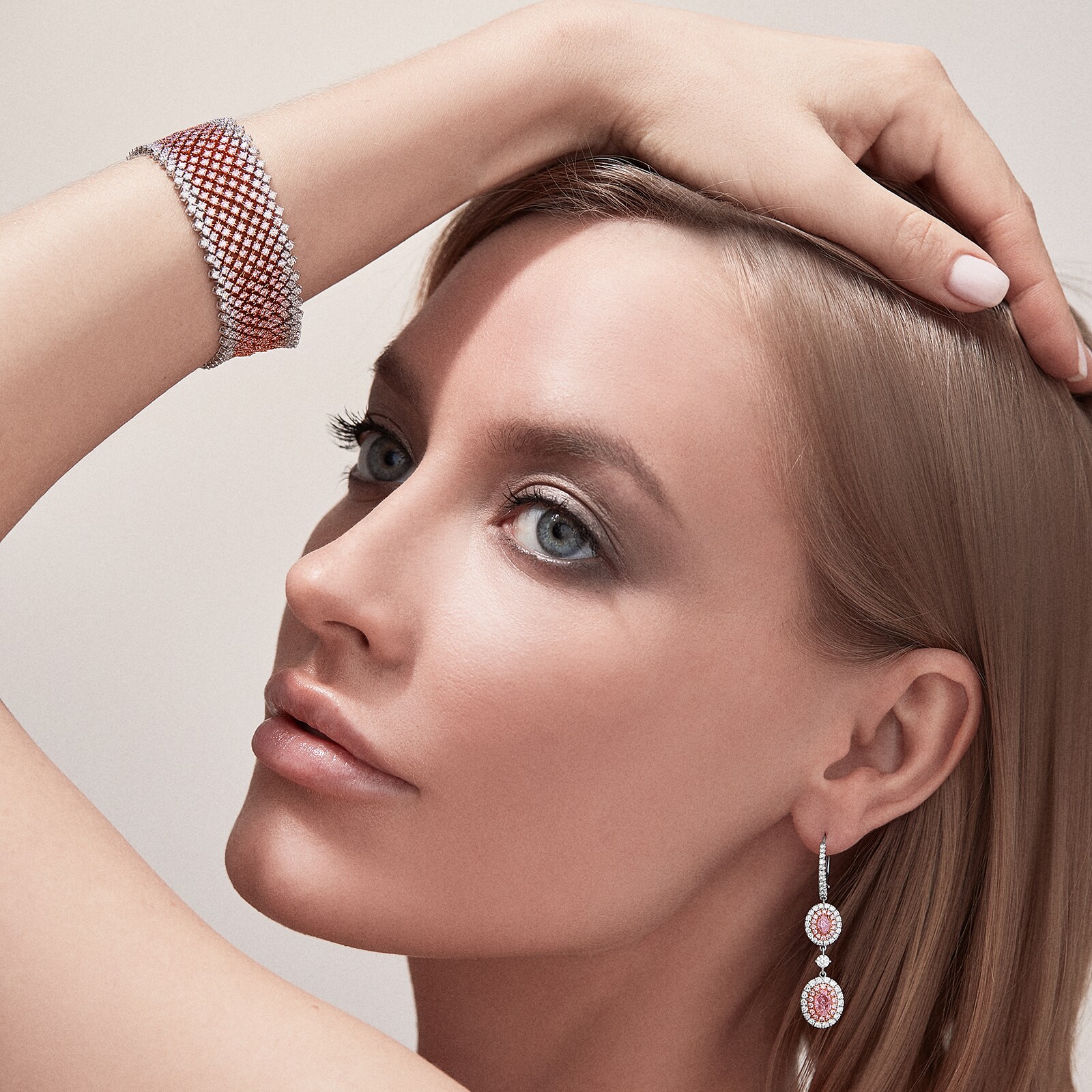 J Fine Platinum and 18k Pink Gold Fancy Pink Diamond Oval Halo Drop Earrings