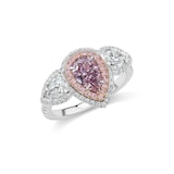 J Fine Platinum and 18k Pink Gold Mixed Diamond Pear Halo 3 Stone Ring Size 6.5