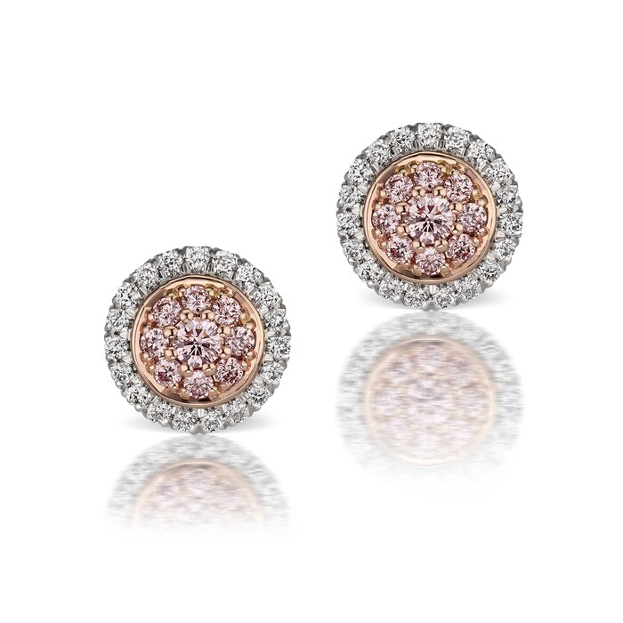 J Fine Platinum and 18k Pink Gold Argyle Pink™ Diamond Double Halo Stud Earrings