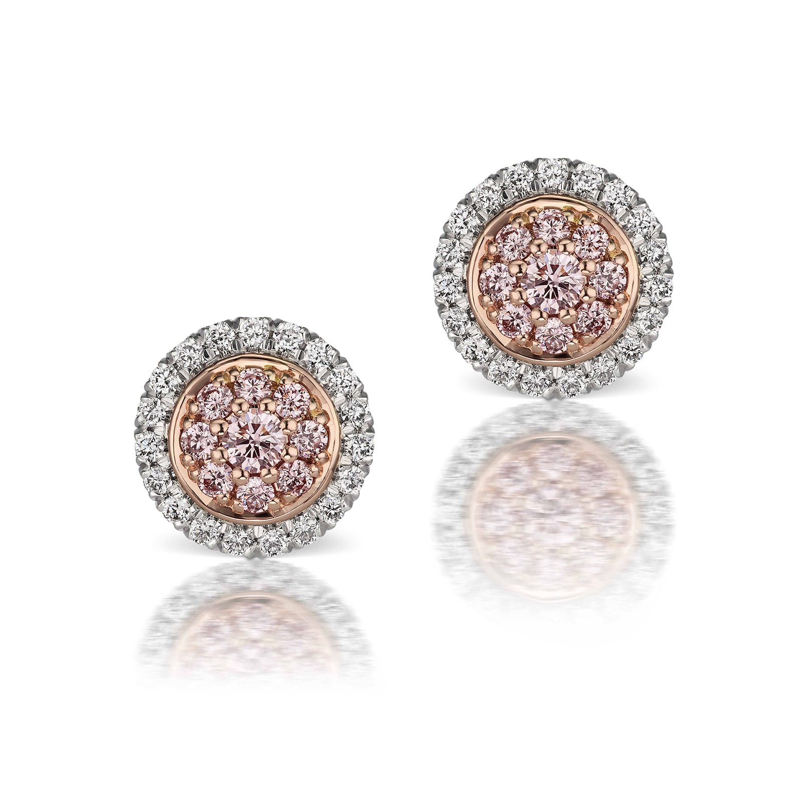 J Fine Platinum and 18k Pink Gold Argyle Pink™ Diamond Double Halo Stud Earrings