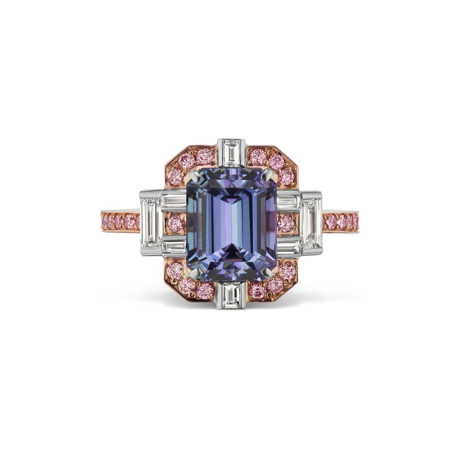 J Fine 18k Rose and White Gold Tanzanite and Argyle Pink™ Diamond Ring Size 6.5