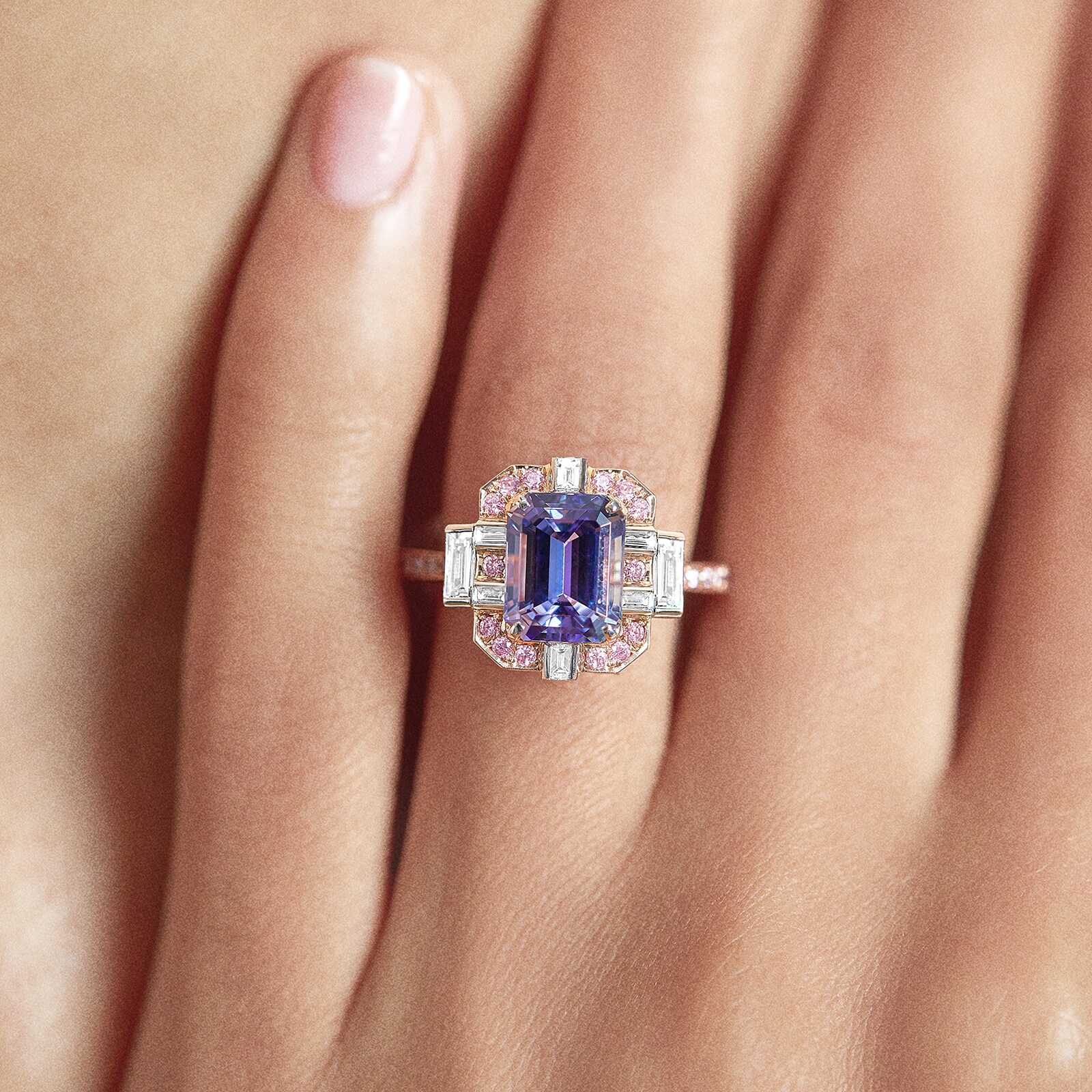 J Fine 18k Rose and White Gold Tanzanite and Argyle Pink™ Diamond Ring Size 6.5