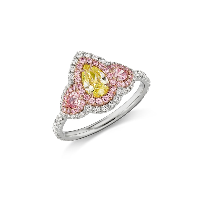 J Fine Platinum and 18k Rose Gold Argyle Pink™ Diamond and Yellow Diamond Three Stone Ring Size 6.5