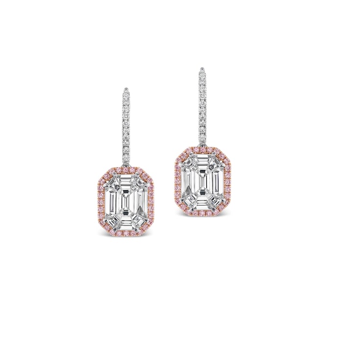 J Fine 18k White and Pink Gold Argyle Pink™ Diamond Invisibly Set Emerald Cut Drop Earrings