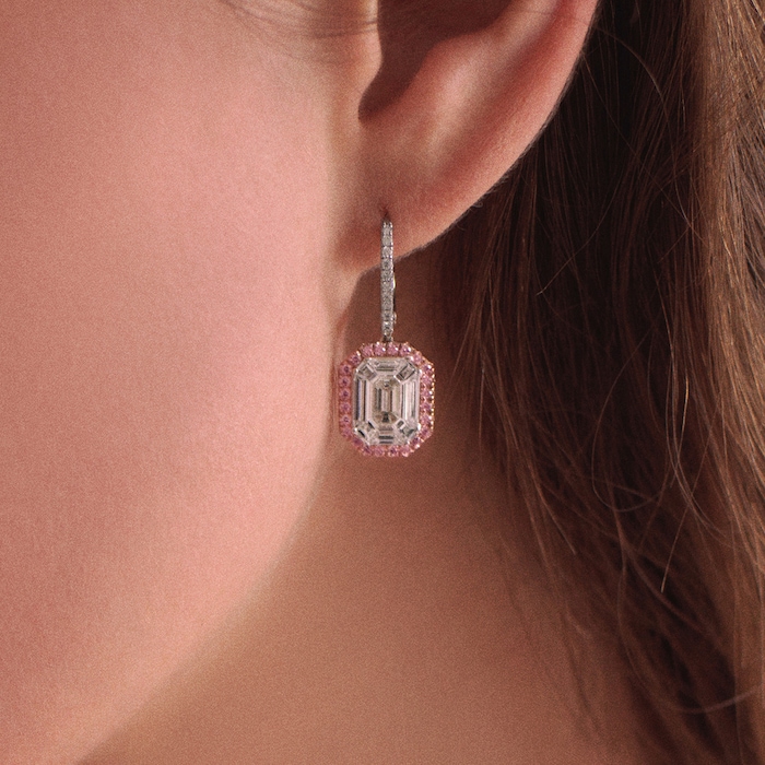 J Fine 18k White and Pink Gold Argyle Pink™ Diamond Invisibly Set Emerald Cut Drop Earrings