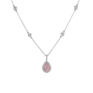 J Fine Platinum and 18k Rose Gold Fancy Pink Diamond Pear Shape Halo Drop Necklace 18"
