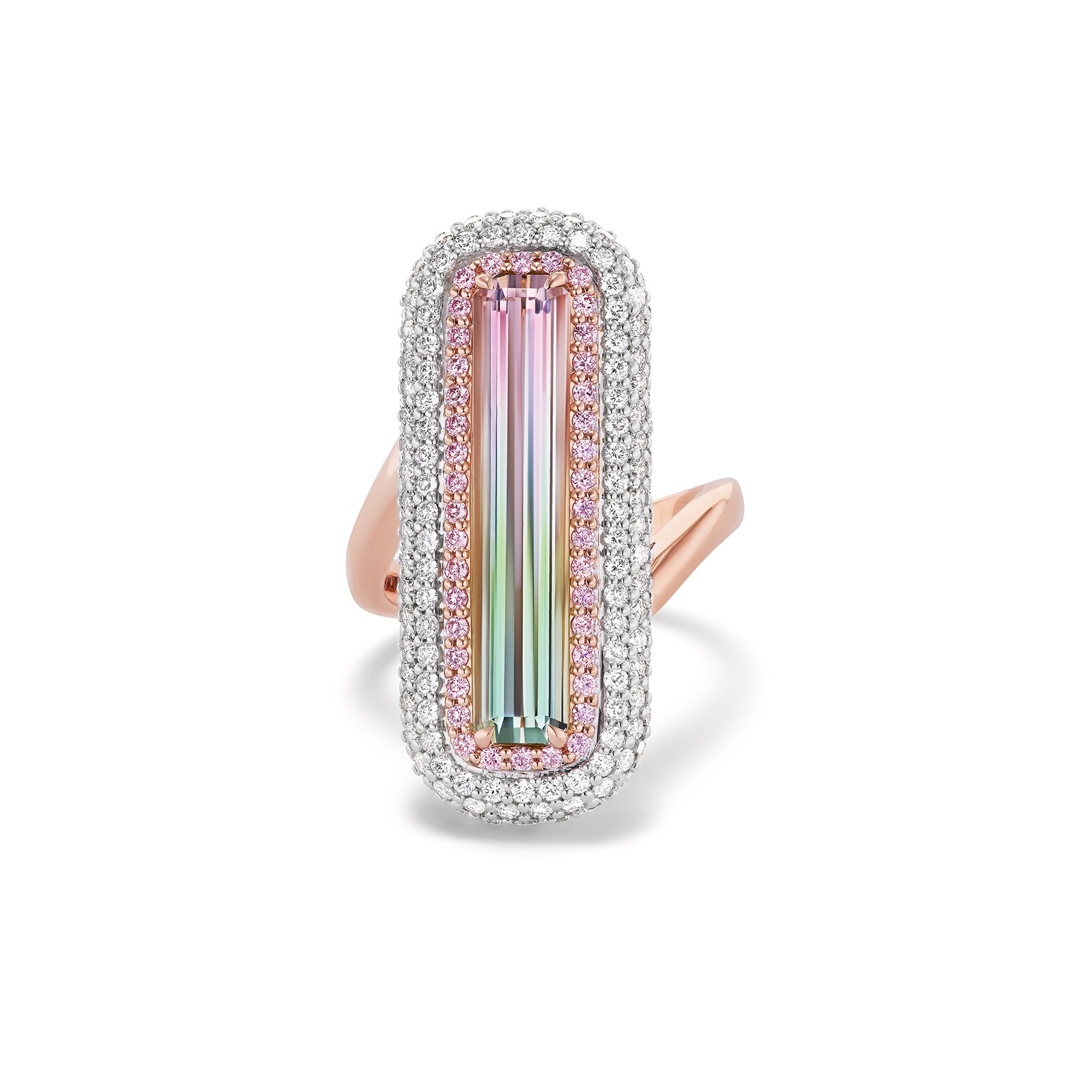 J Fine 18k Pink and White Gold Argyle Pink™ Diamond and Bi Color Tourmaline Ring Size 6.5