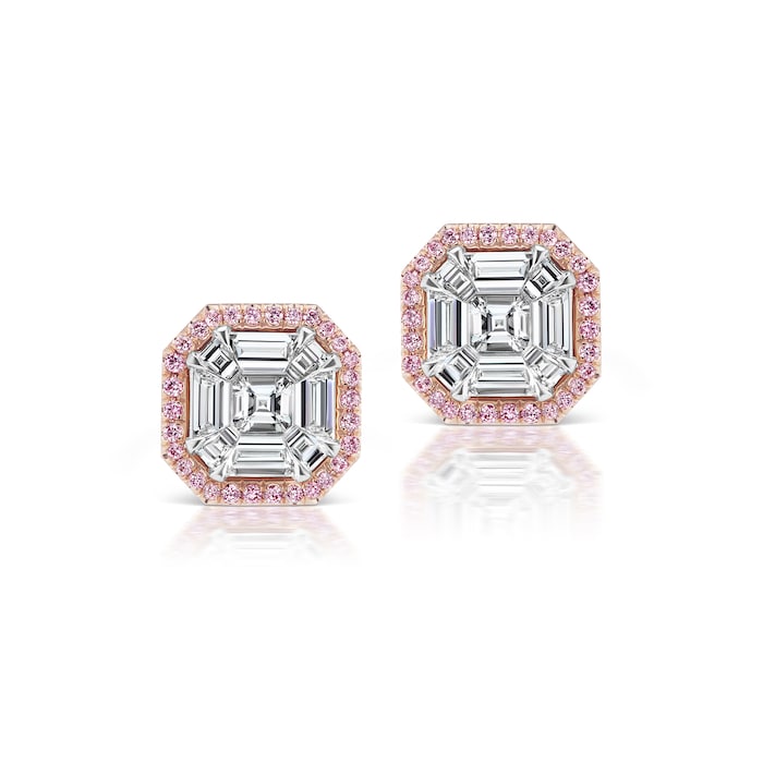 J Fine 18k White and Pink Gold Argyle Pink™ Diamond Invisibly Set Asscher Cut Earrings