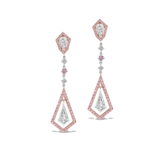 J Fine Platinum & 18K Rose Gold Argyle Pink™ Diamond and White Kite Shape Diamond Drop Earrings