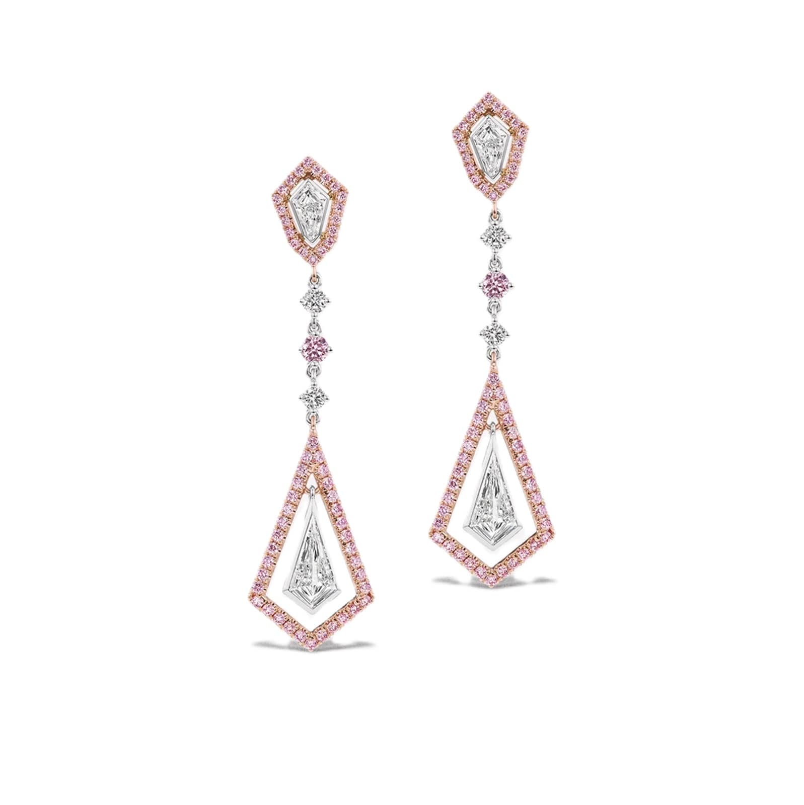 J Fine Platinum & 18K Rose Gold Argyle Pink™ Diamond and White Kite Shape Diamond Drop Earrings