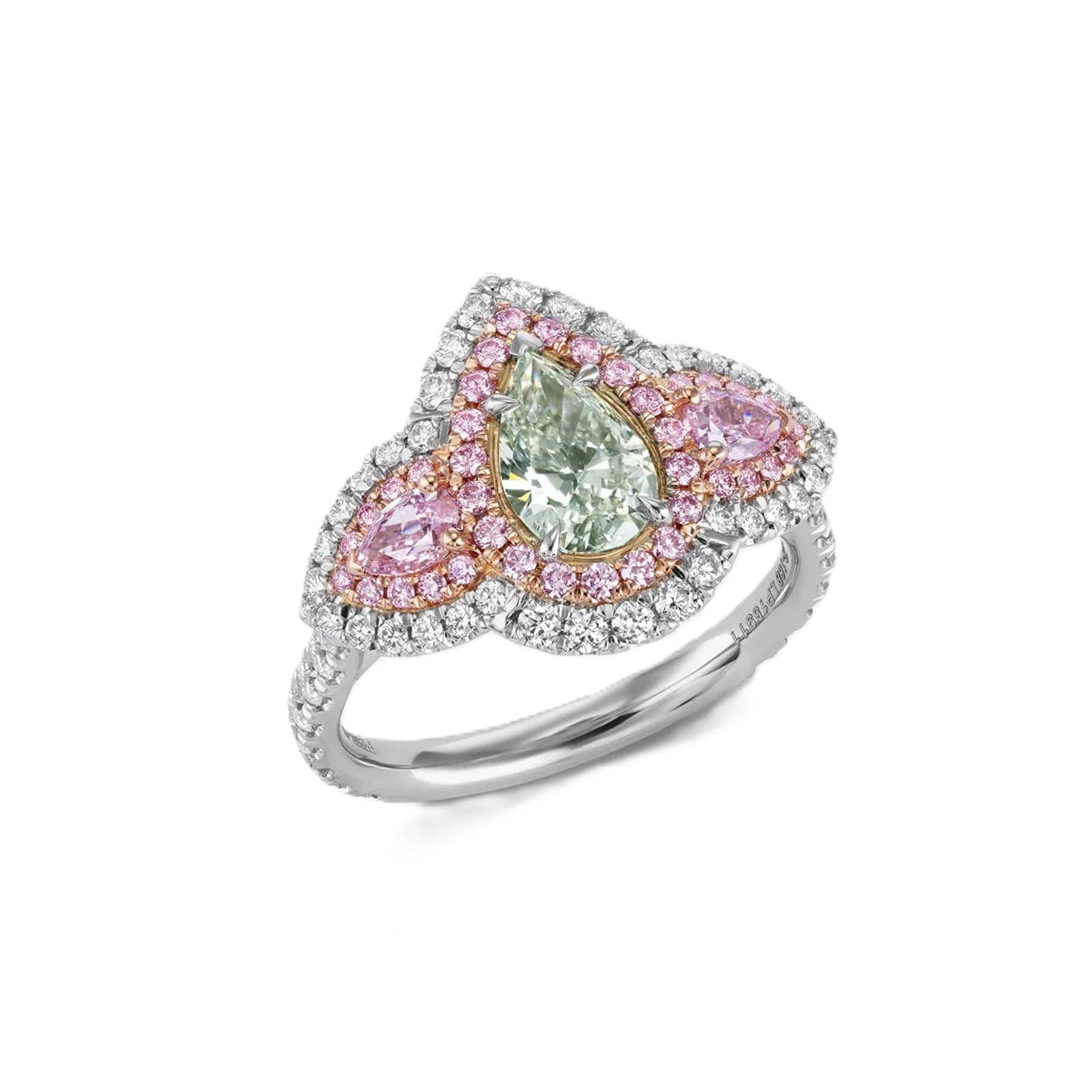 J Fine Platinum & 18K Rose Gold Argyle Pink™ Diamond and Green Pear Shape Diamond Three Stone Ring