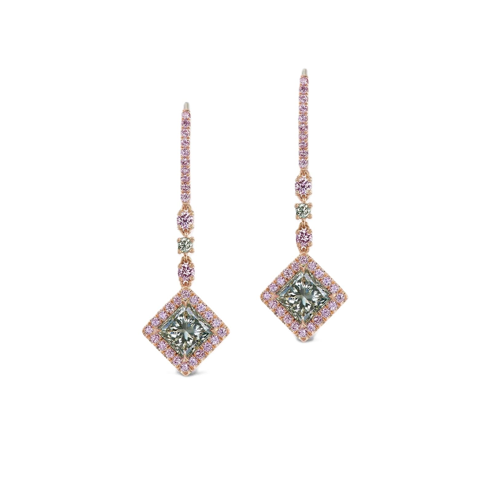 J Fine 18K Rose Gold Green Diamond and Argyle Pink™ Diamond Drop Earrings