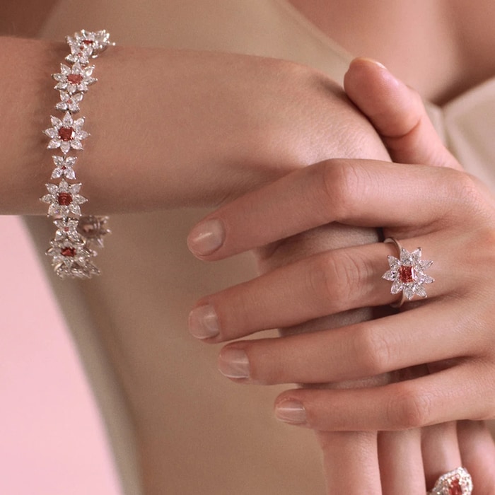 J Fine Platinum Deep Pink Diamond Floral Bracelet