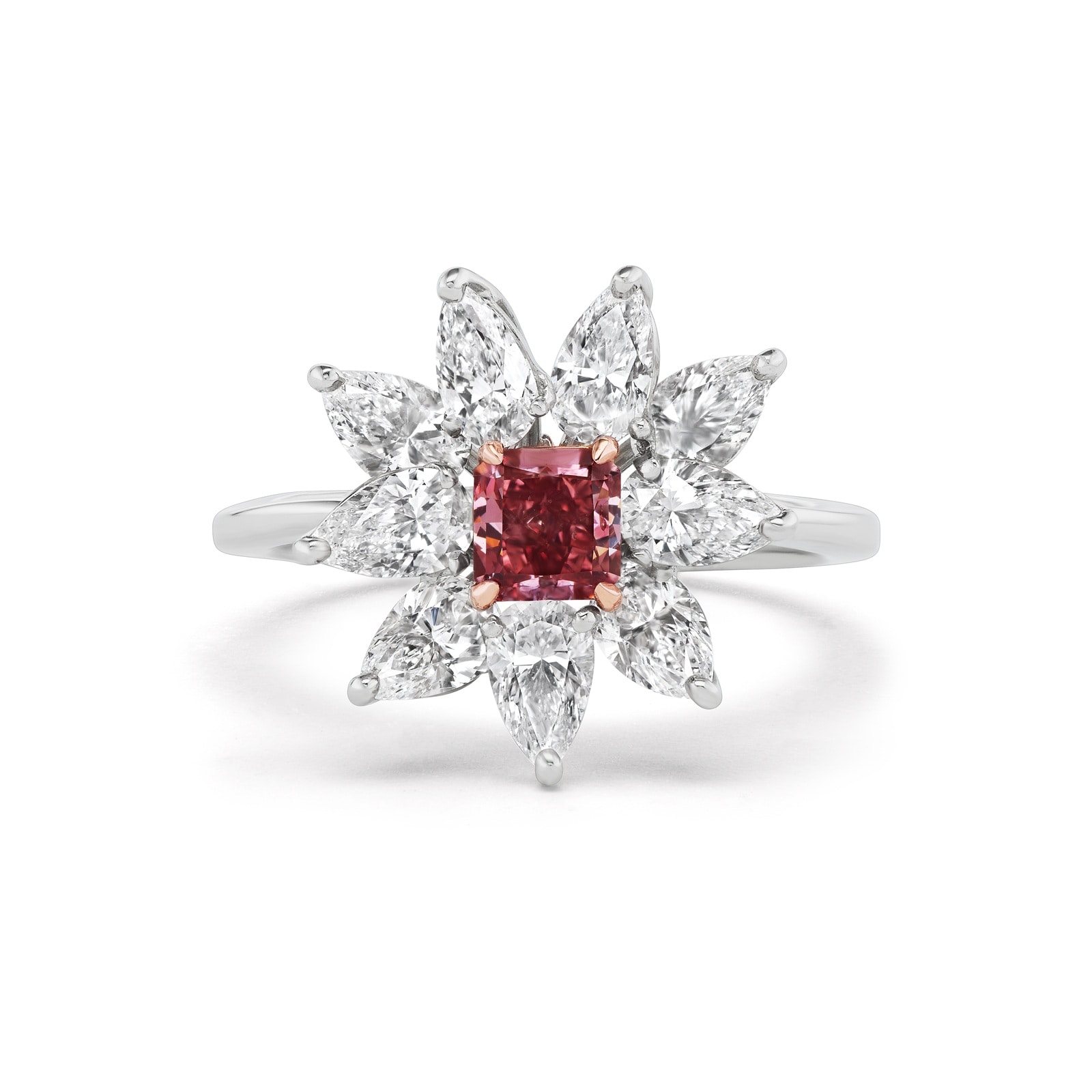 J Fine 18K White & Rose Gold Deep Pink Radiant Diamond Floral Ring