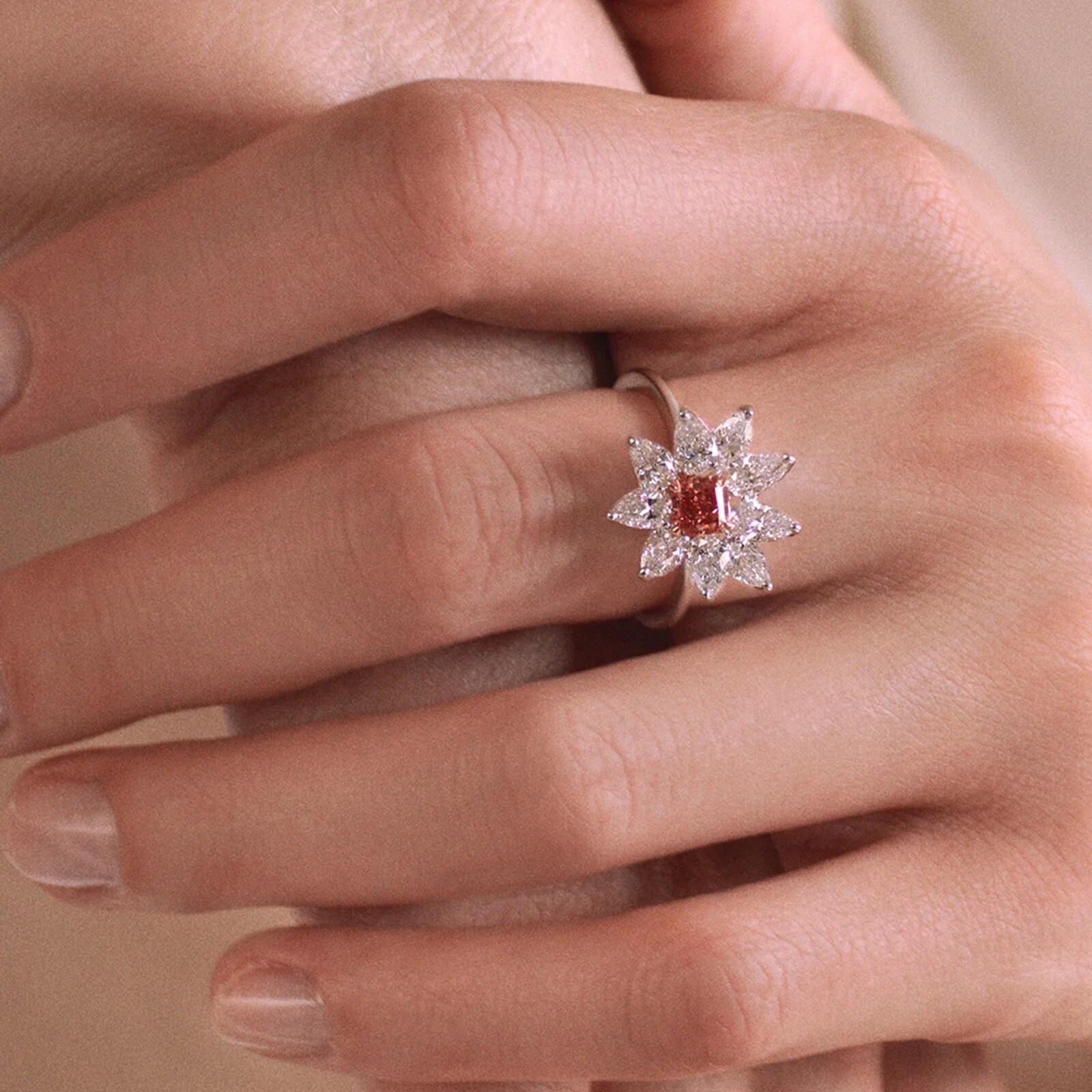 J Fine 18K White & Rose Gold Deep Pink Radiant Diamond Floral Ring