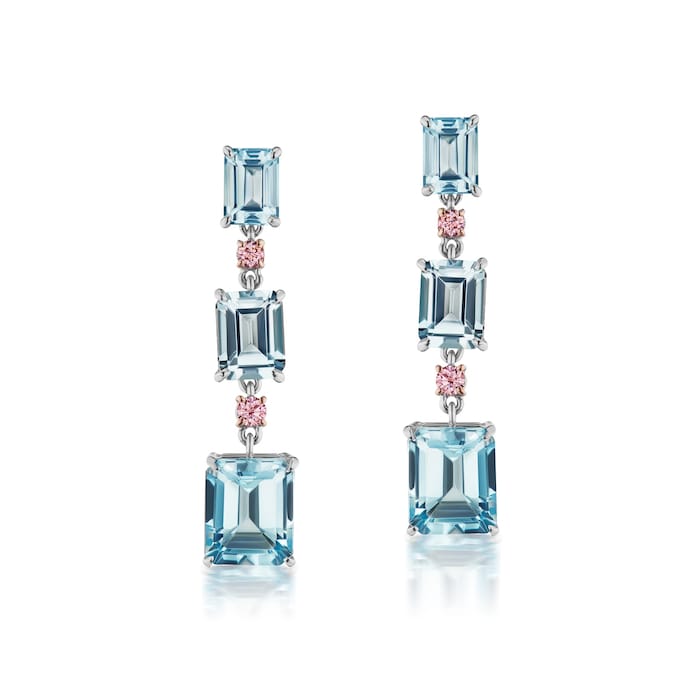 J Fine 18K White & Rose Gold Argyle Pink™ Diamond and Aquamarine Three Station Drop Earrings