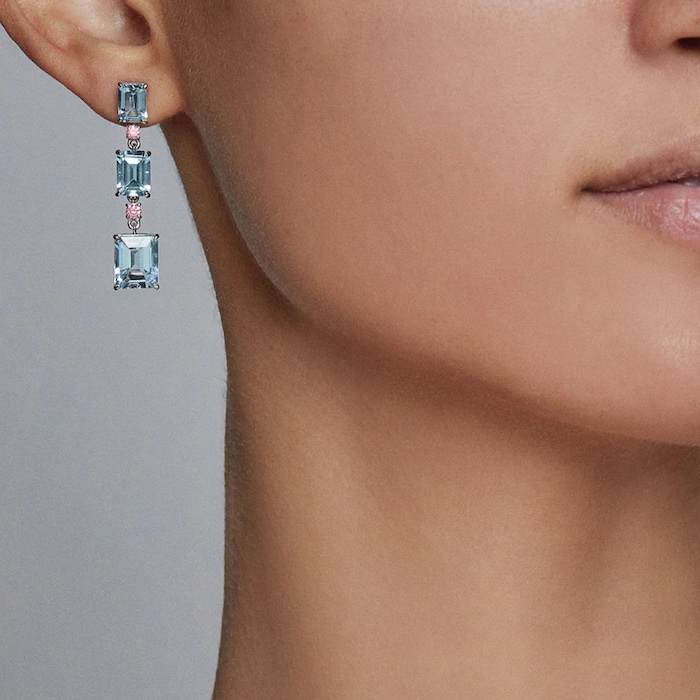 J Fine 18K White & Rose Gold Argyle Pink™ Diamond and Aquamarine Three Station Drop Earrings