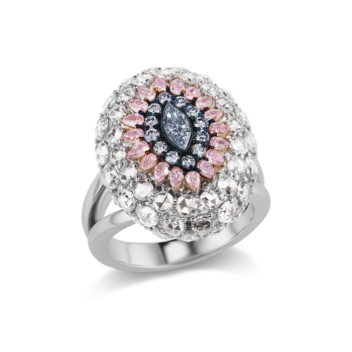 J Fine 18K White & Rose Gold Fancy Blue Marquise Diamond Dome Ring