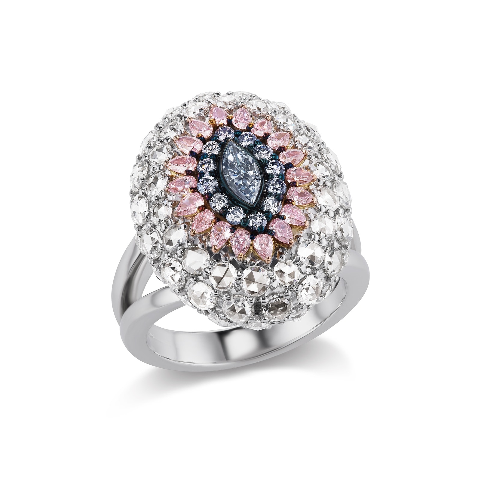J Fine 18K White & Rose Gold Fancy Blue Marquise Diamond Dome Ring