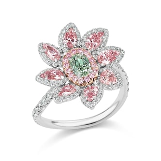 J Fine Platinum & 18K Rose Gold Argyle Pink™ Diamond and Green Diamond Floral Ring