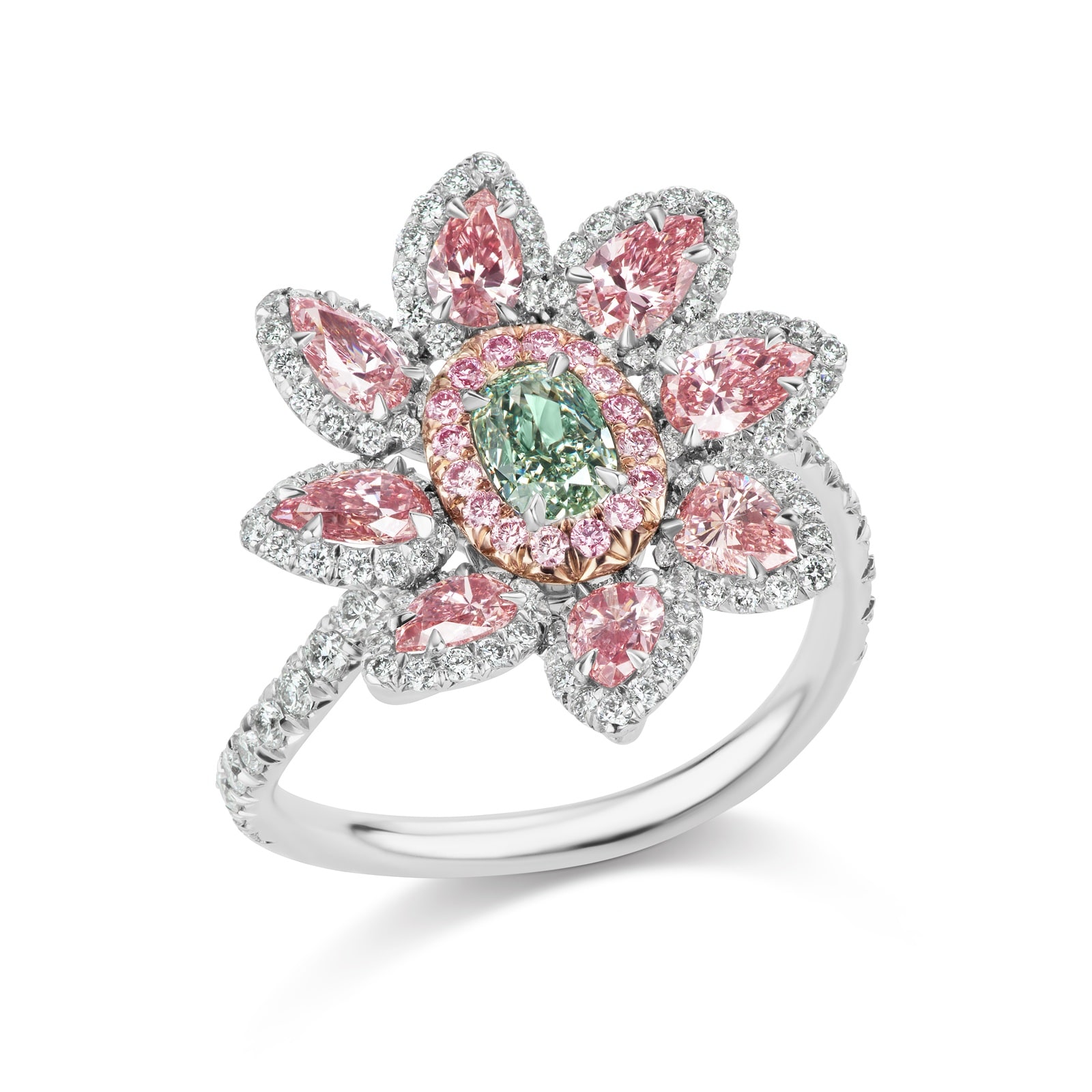 J Fine Platinum & 18K Rose Gold Argyle Pink™ Diamond and Green Diamond Floral Ring
