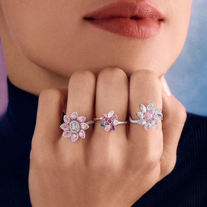 J Fine Platinum & 18K Rose Gold Argyle Pink™ Diamond and Green Diamond Floral Ring