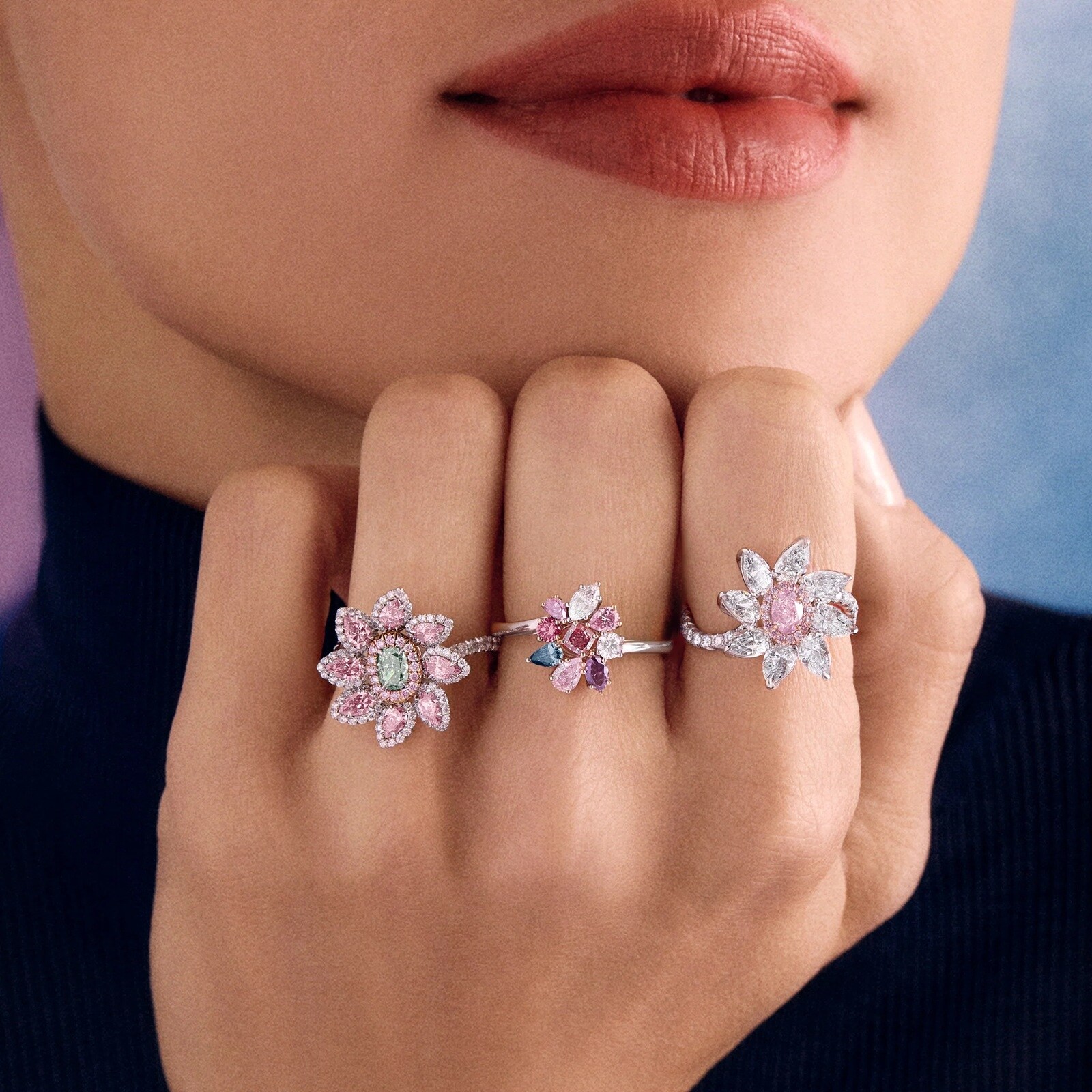 J Fine Platinum & 18K Rose Gold Argyle Pink™ Diamond and Green Diamond Floral Ring