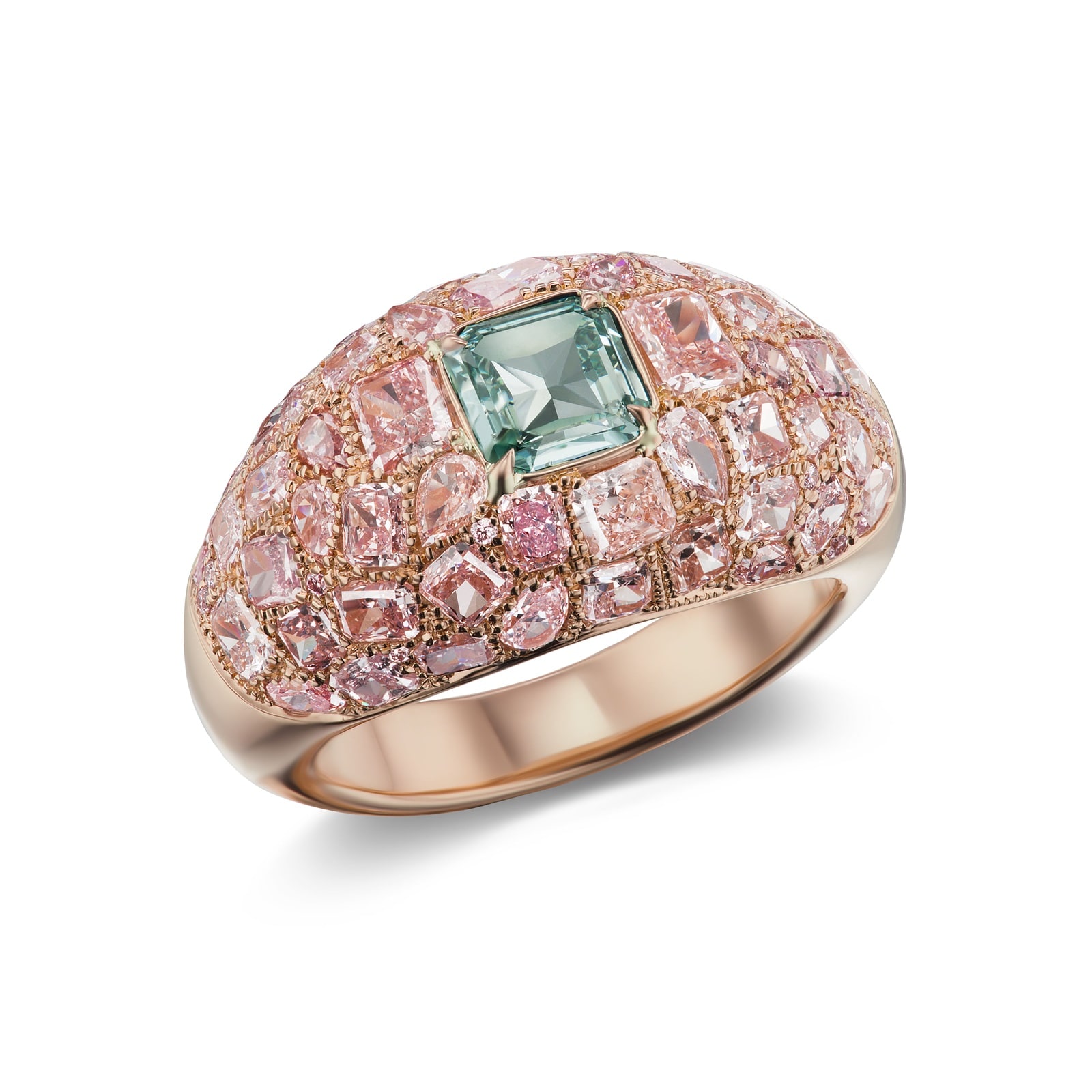 J Fine 18K Rose Gold Bluish Green and Pink Diamond Dome Ring