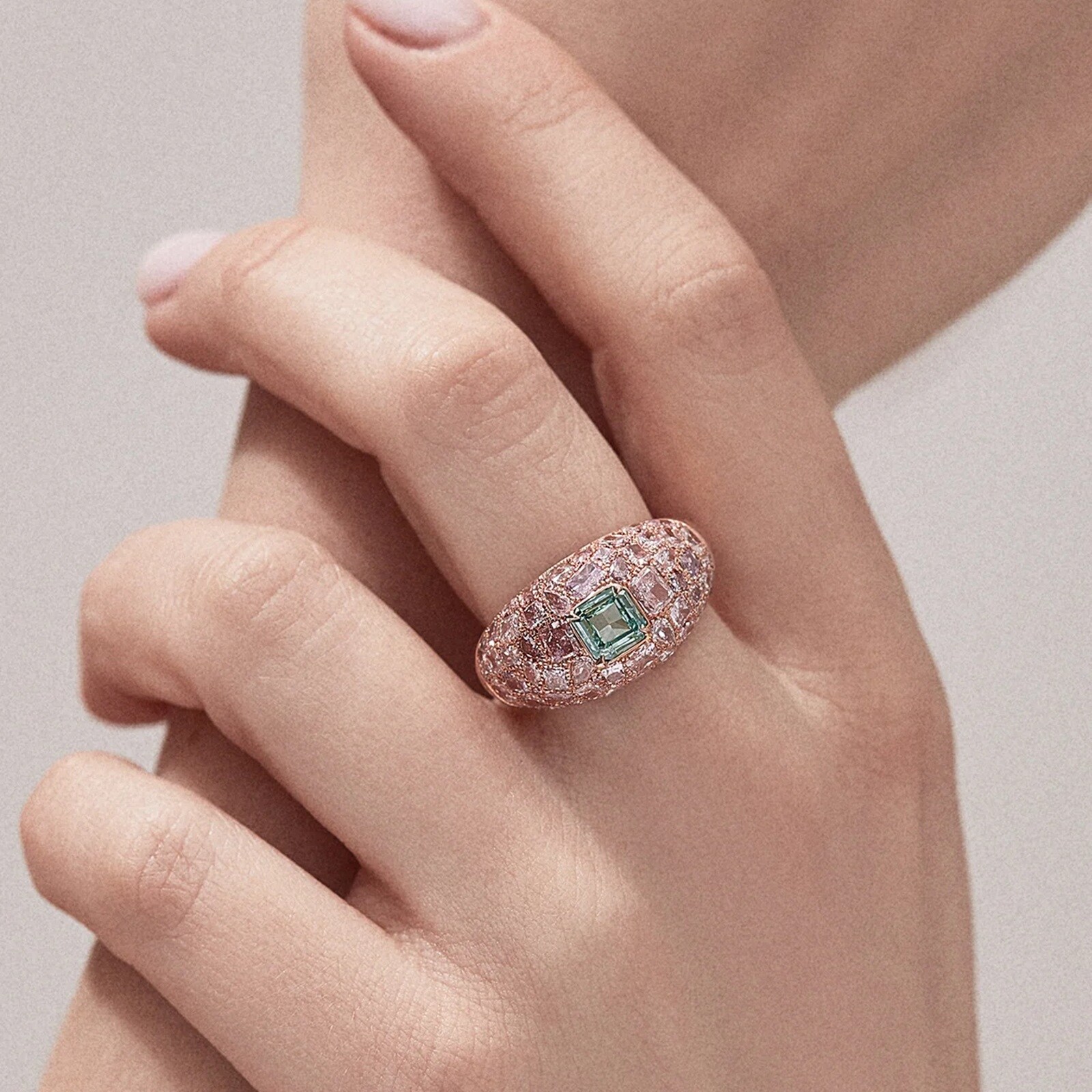 J Fine 18K Rose Gold Bluish Green and Pink Diamond Dome Ring