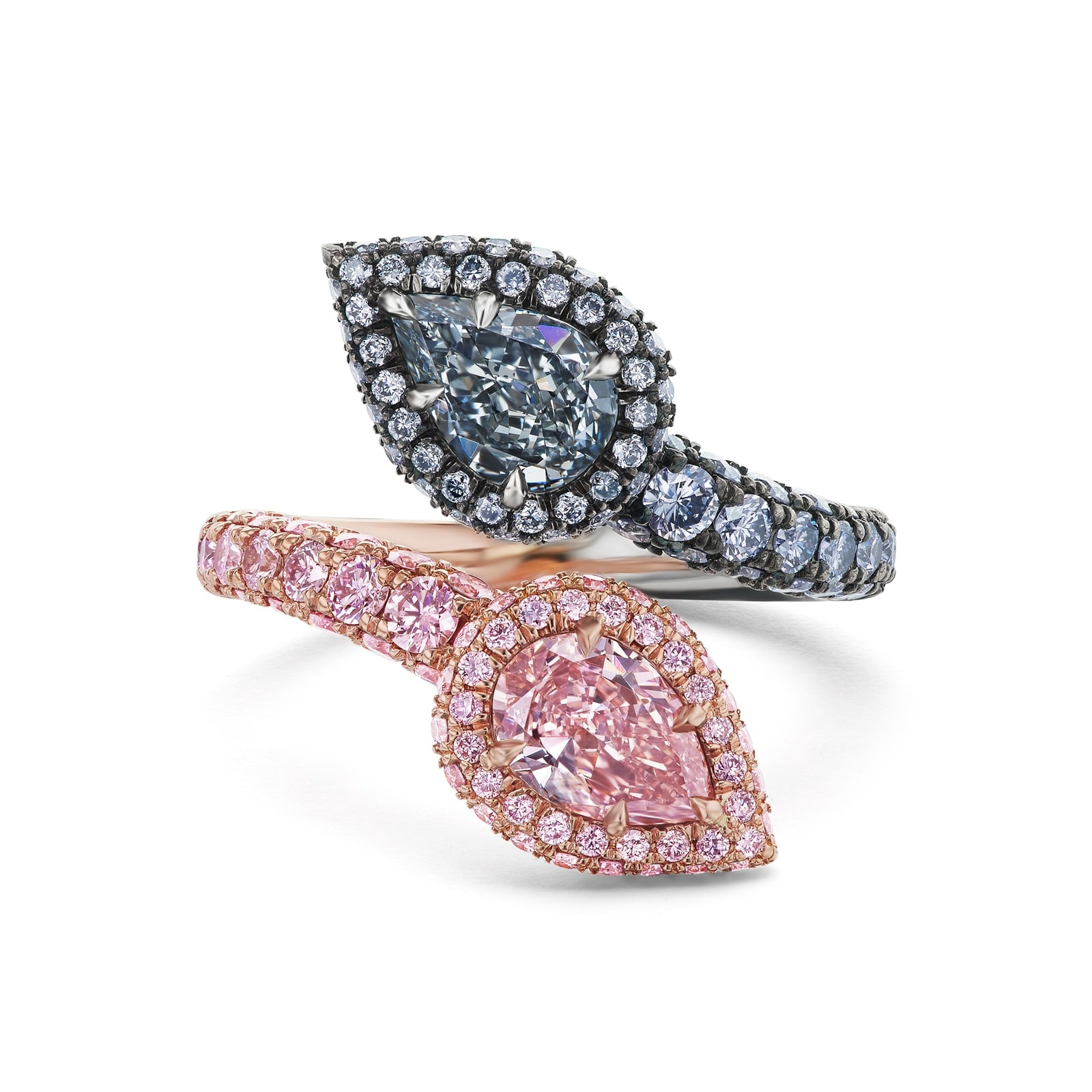 J Fine 18K Rose Gold Blue and Pink Diamond Bypass Ring