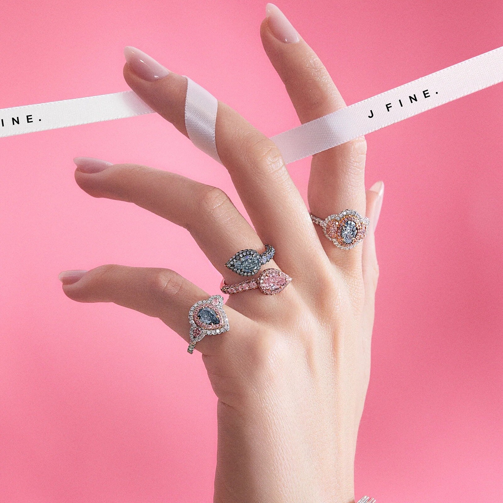 J Fine 18K Rose Gold Blue and Pink Diamond Bypass Ring
