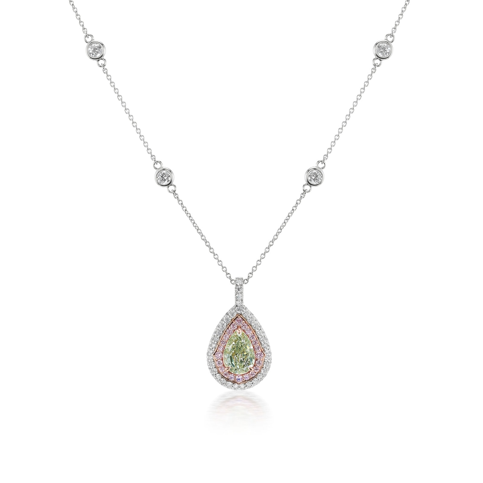 J Fine Platinum & 18K Rose Gold Argyle Pink™ Diamond and Green Pear Shape Diamond Necklace