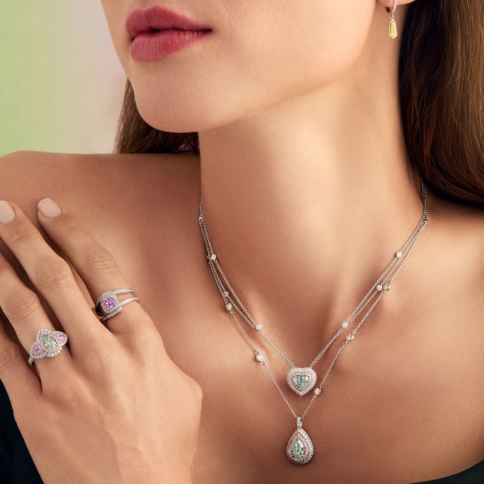 J Fine Platinum & 18K Rose Gold Argyle Pink™ Diamond and Green Pear Shape Diamond Necklace