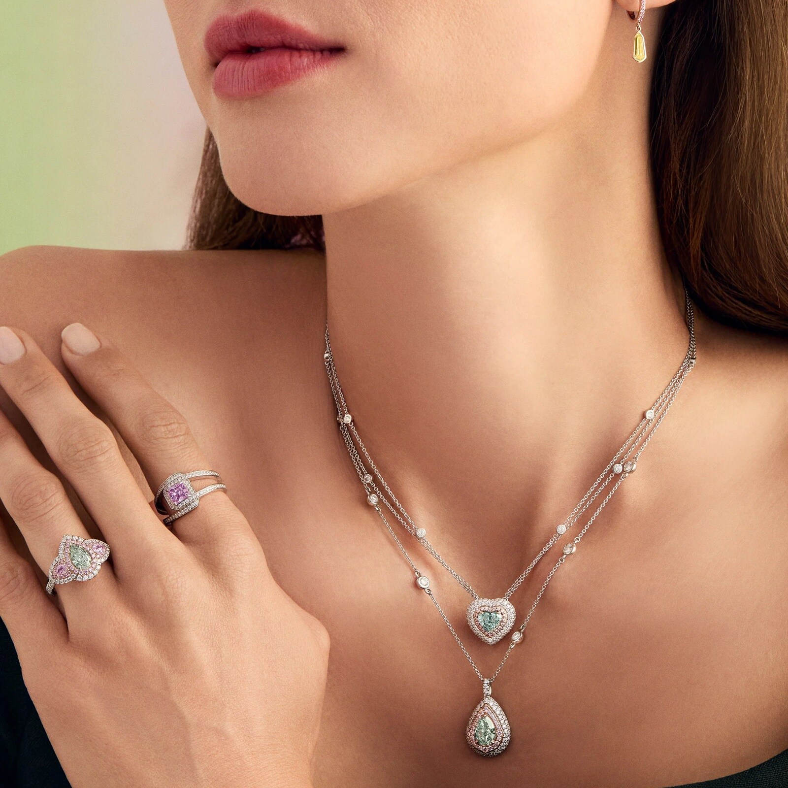 J Fine Platinum & 18K Rose Gold Argyle Pink™ Diamond and Green Pear Shape Diamond Necklace