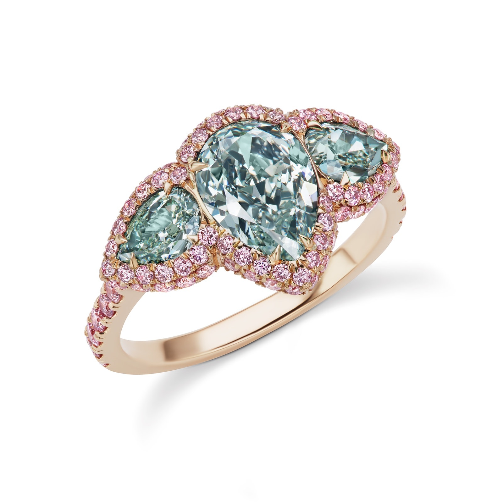 J Fine 18K Rose Gold Argyle Pink™ Diamond and Bluish Green Pear Shape Diamond Three Stone Ring