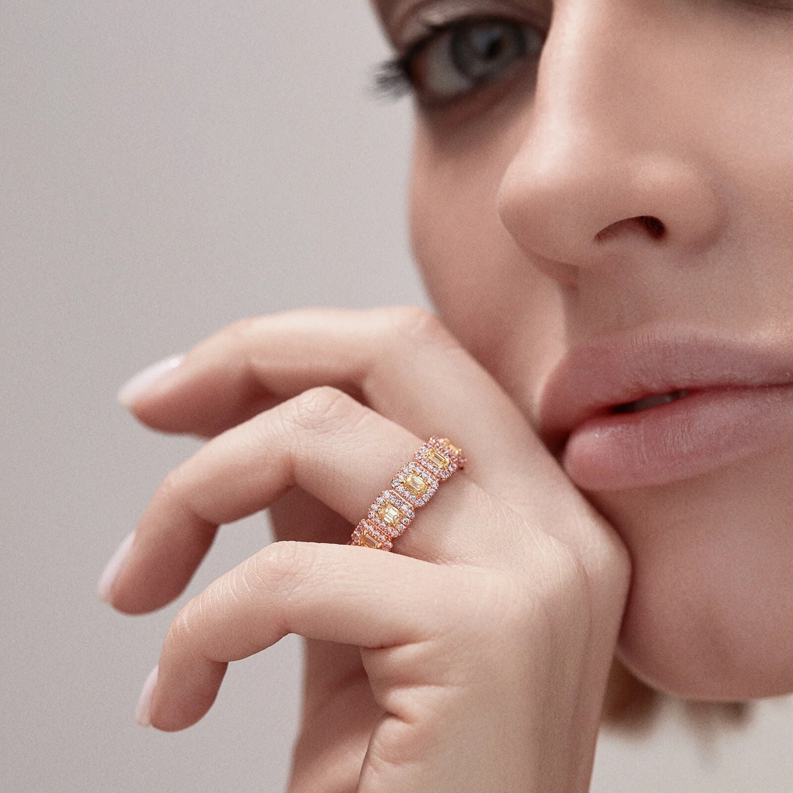 J Fine 18K Rose Gold Argyle Pink™ Diamond and Yellow Emerald Cut Diamond Eternity Band