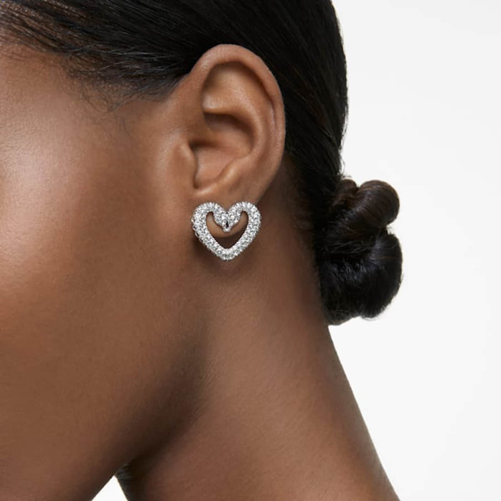 SWAROVSKI Silver Una Cubic Zirconia Heart Swan Stud Earrings