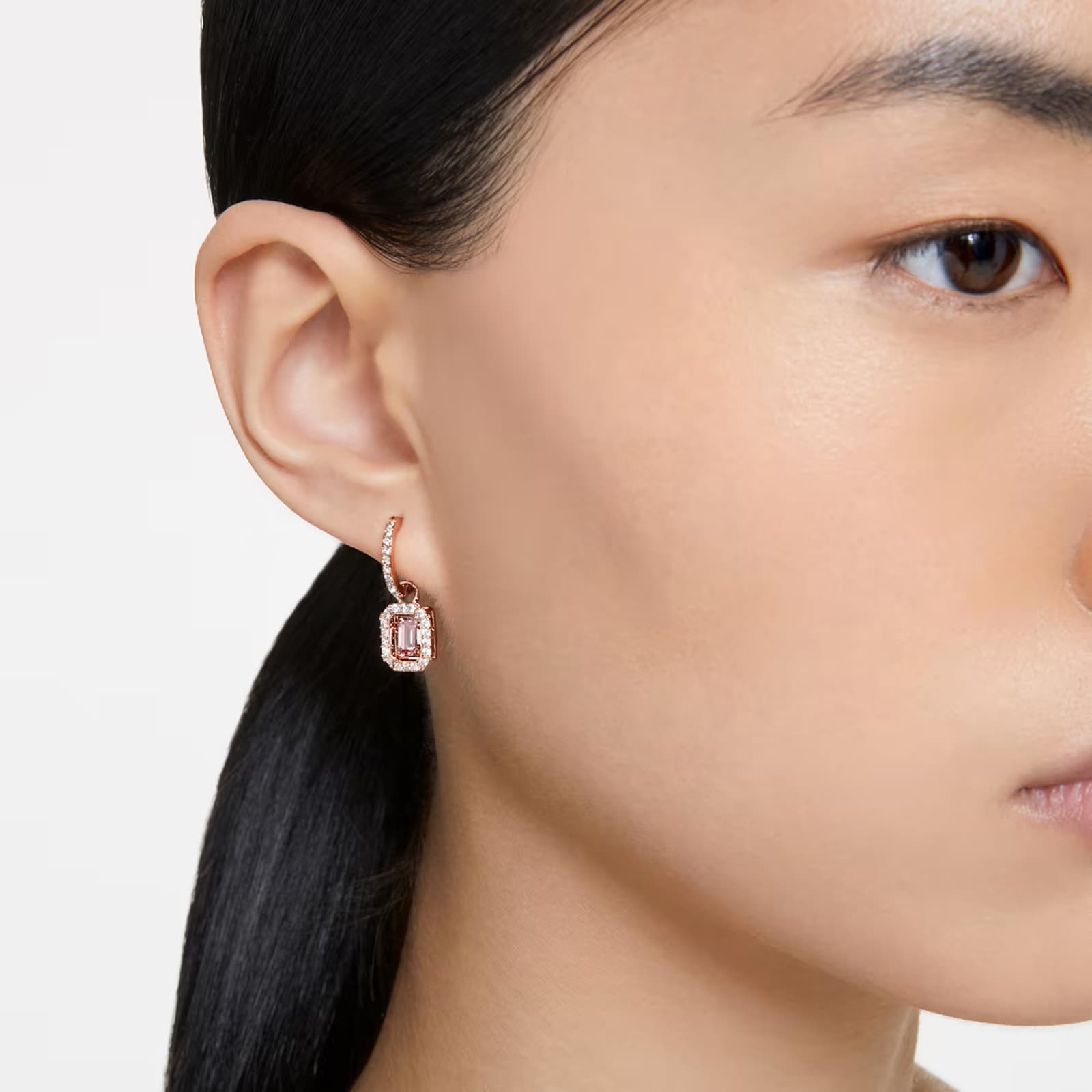 SWAROVSKI Millenia Rose Gold Coloured Pink Octagon Cut Stone Drop Earrings