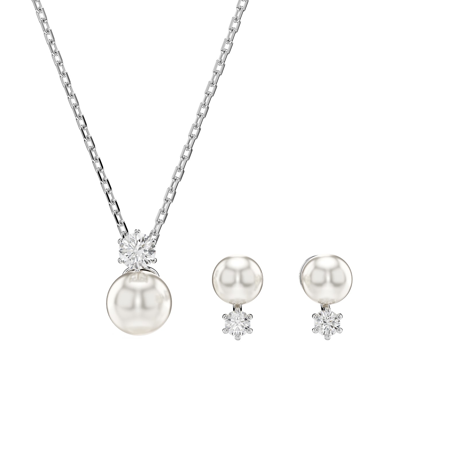 Matrix Silver Coloured Cubic Zirconia & Pearl Pendant & Earrings Set