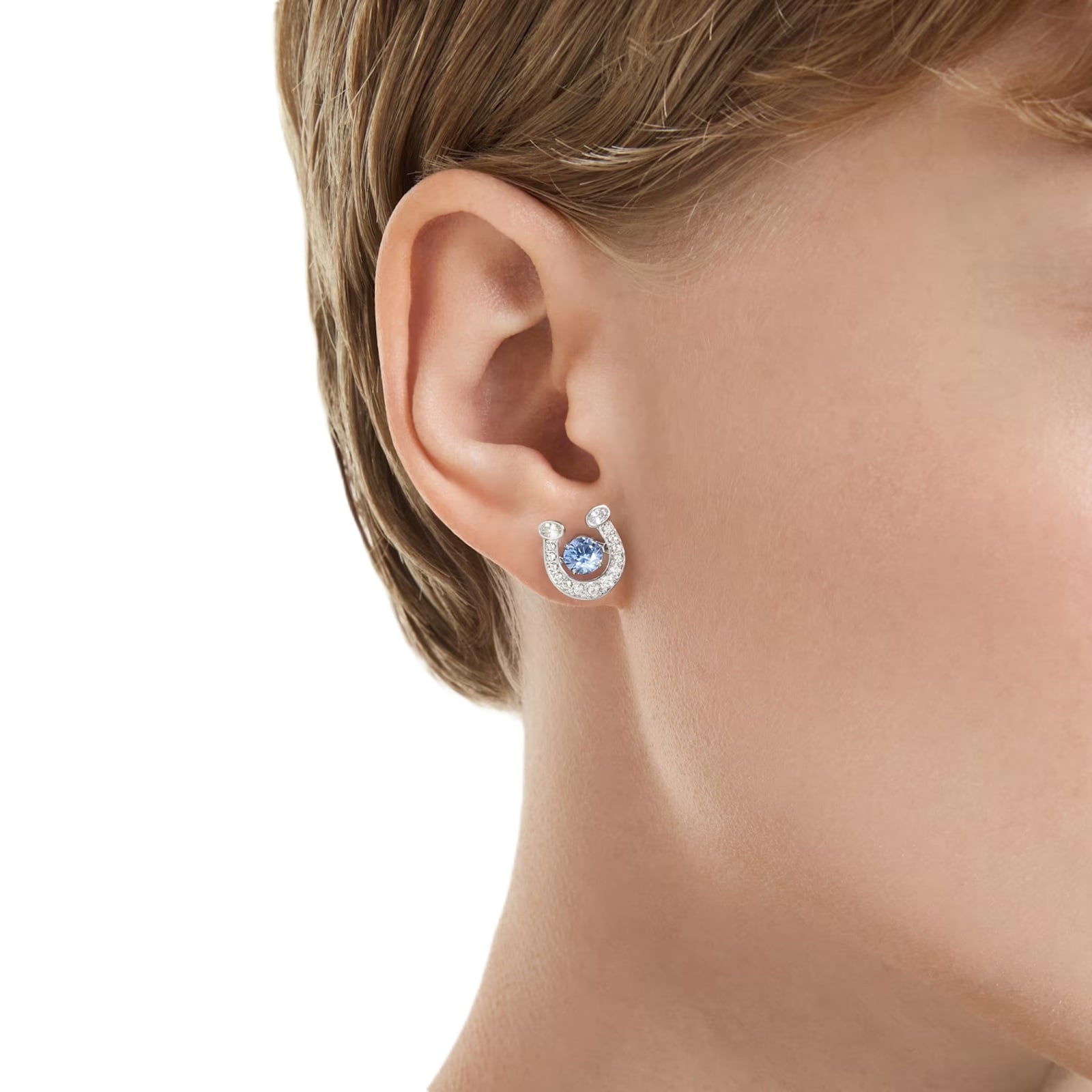 SWAROVSKI Symbolica White Rhodium Plated White & Blue Crystal Horse Shoe Stud Earrings