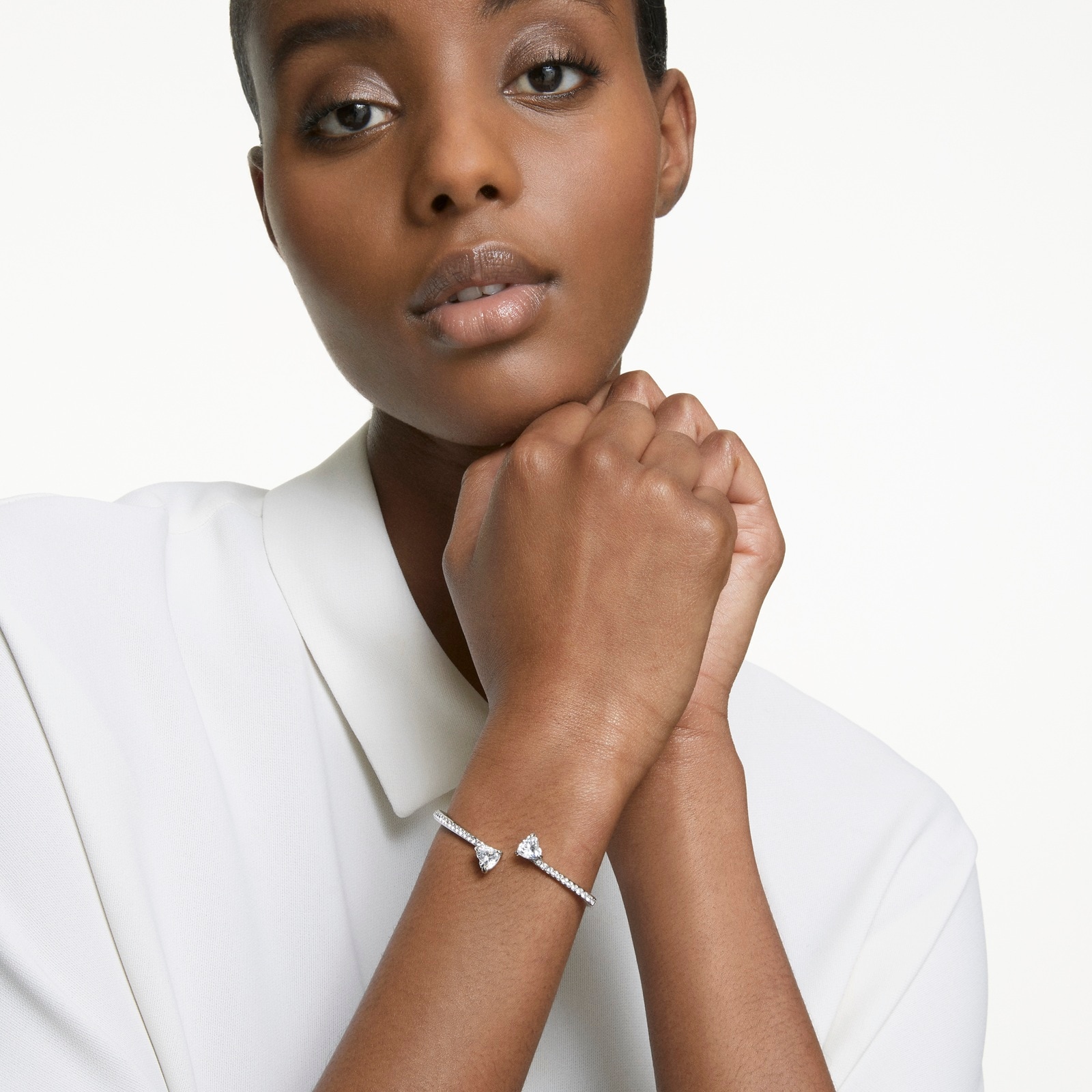 SWAROVSKI Mesmera White Rhodium Plated Cubic Zirconia Heart Bangle - Size Medium