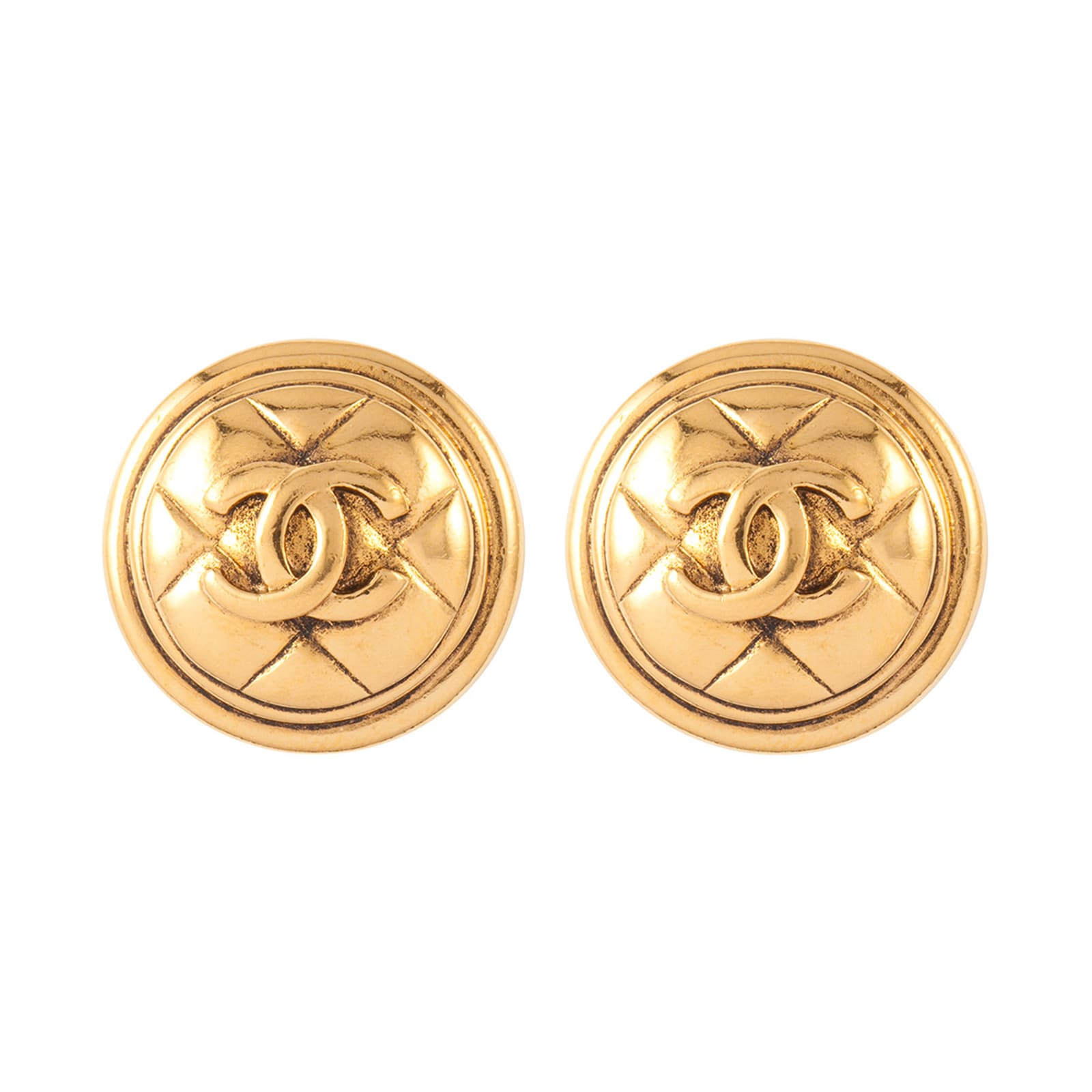 Susan Caplan Vintage Chanel Gold Plated Round CC Quilted Earrings