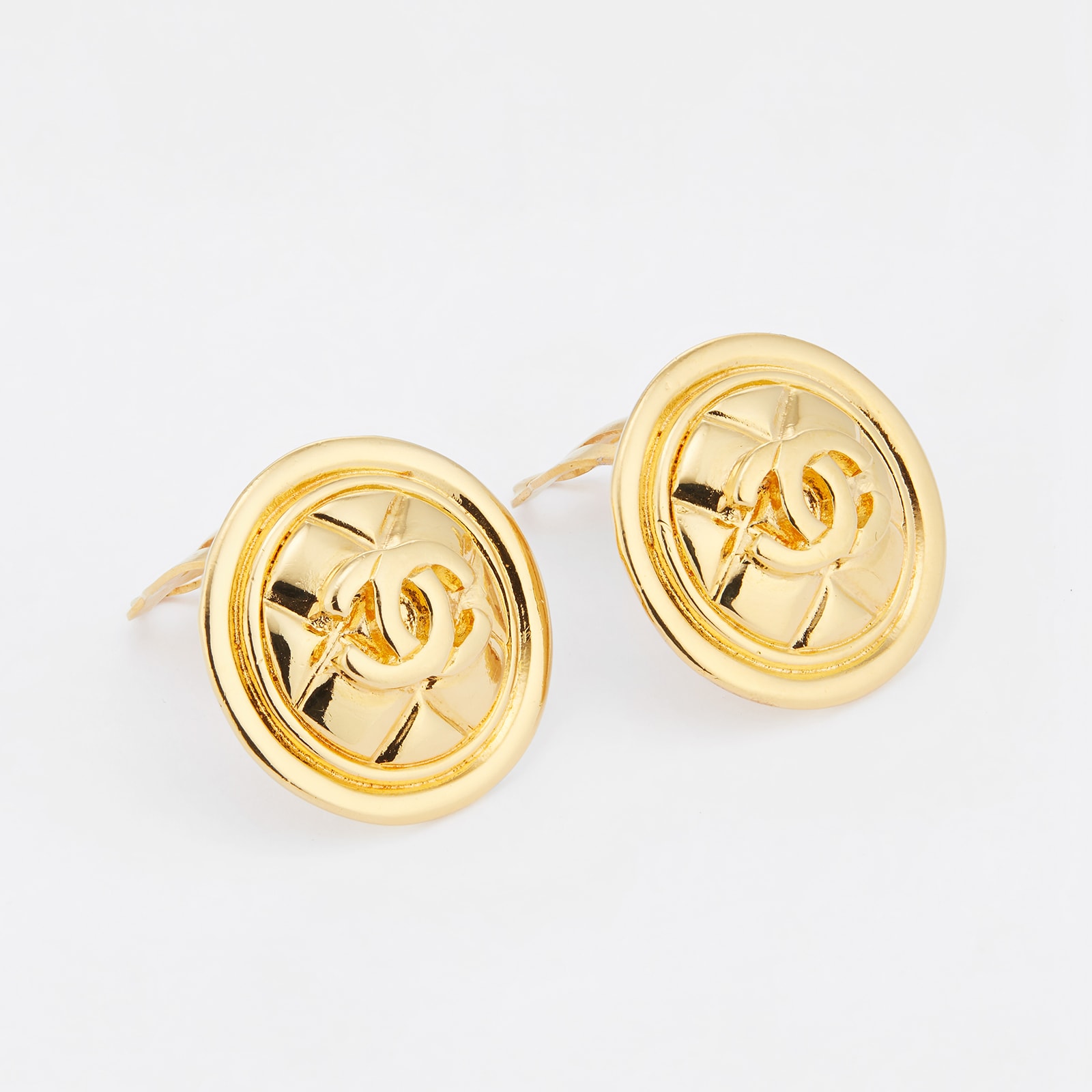 Susan Caplan Vintage Chanel Gold Plated Round CC Quilted Earrings From Susan Caplan