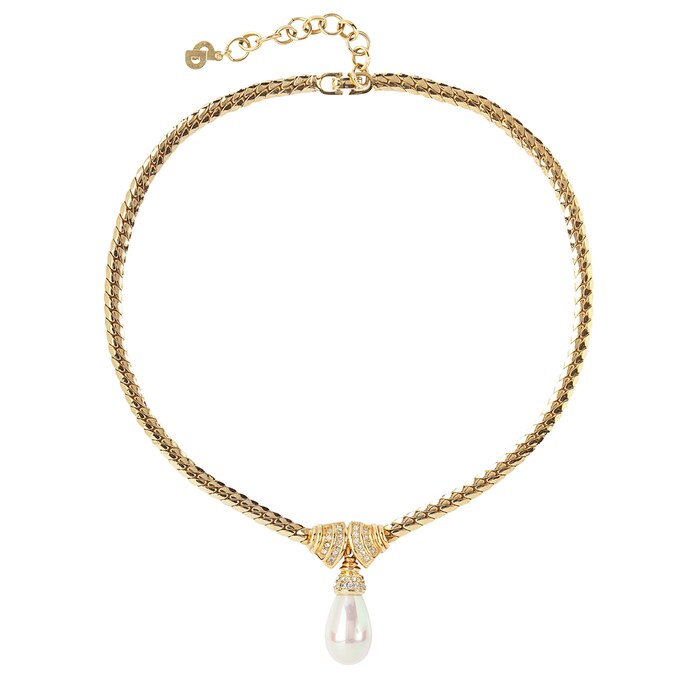Susan Caplan Exclusive Susan Caplan Vintage Dior Gold Plated Pear Faux Pearl Crystal Necklace