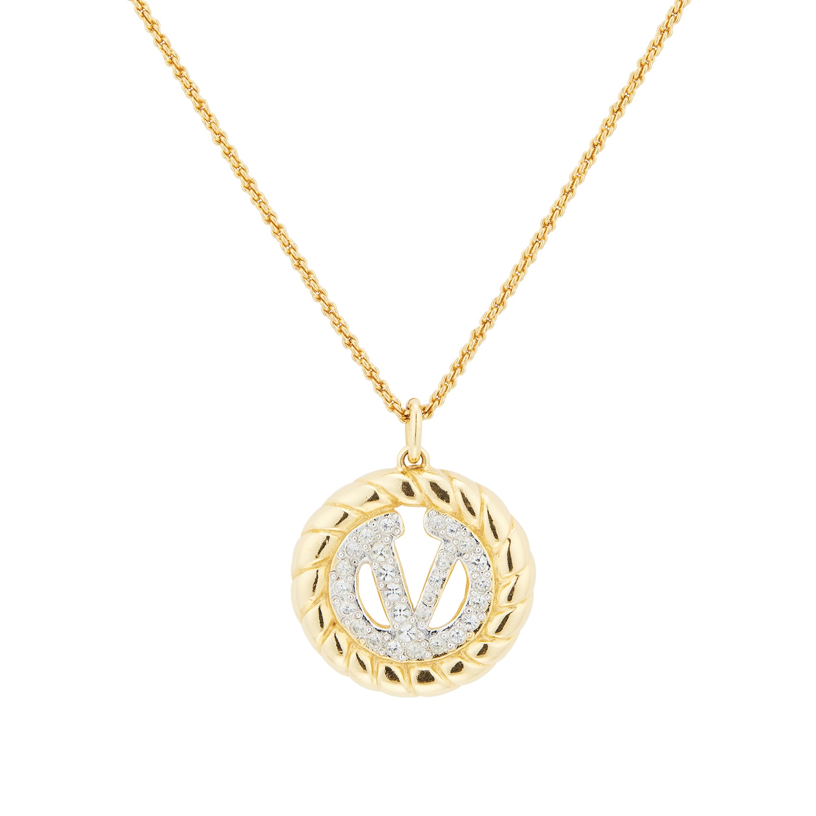 Susan Caplan Exclusive Susan Caplan Vintage Valentino Gold Plated Logo Crystal Ribbed Pendant