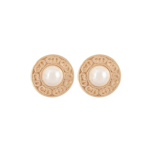Susan Caplan Exclusive Vintage Yellow Gold Plated Dior Logo Synthetic Pearl Earrings