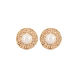 37770301 - Exclusive Vintage Yellow Gold Plated Dior Logo Synthetic Pearl Earrings