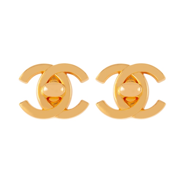 Susan Caplan Vintage Chanel Yellow Gold Plated CC Sculpted Earrings