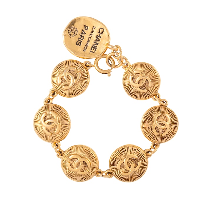 Susan Caplan Vintage Chanel Yellow Gold Plated Coin Logo Bracelet